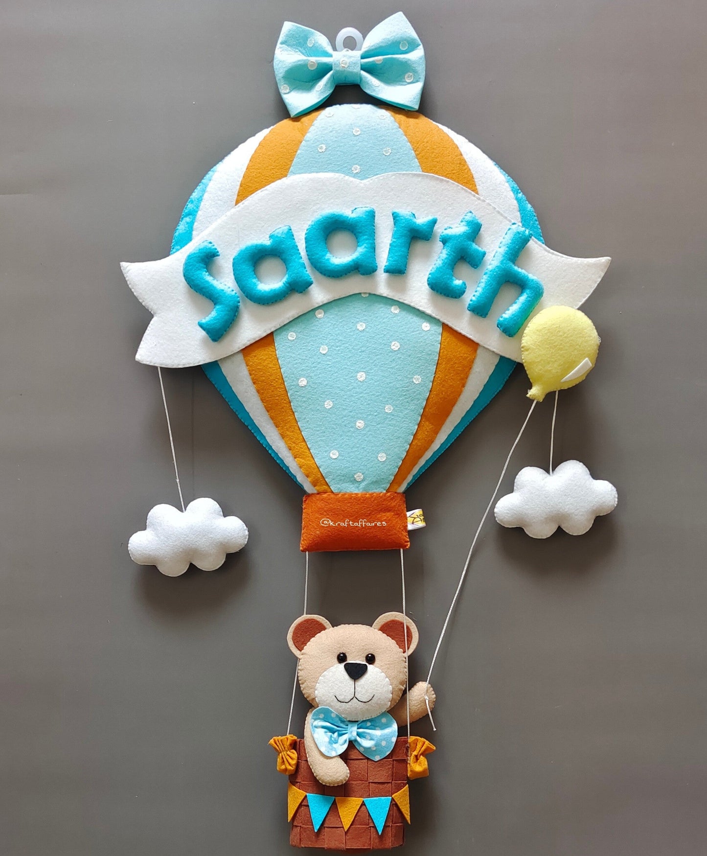 Personalized Handmade Kids name hanging-Teddy on Hot air Balloon (Filled Letters)