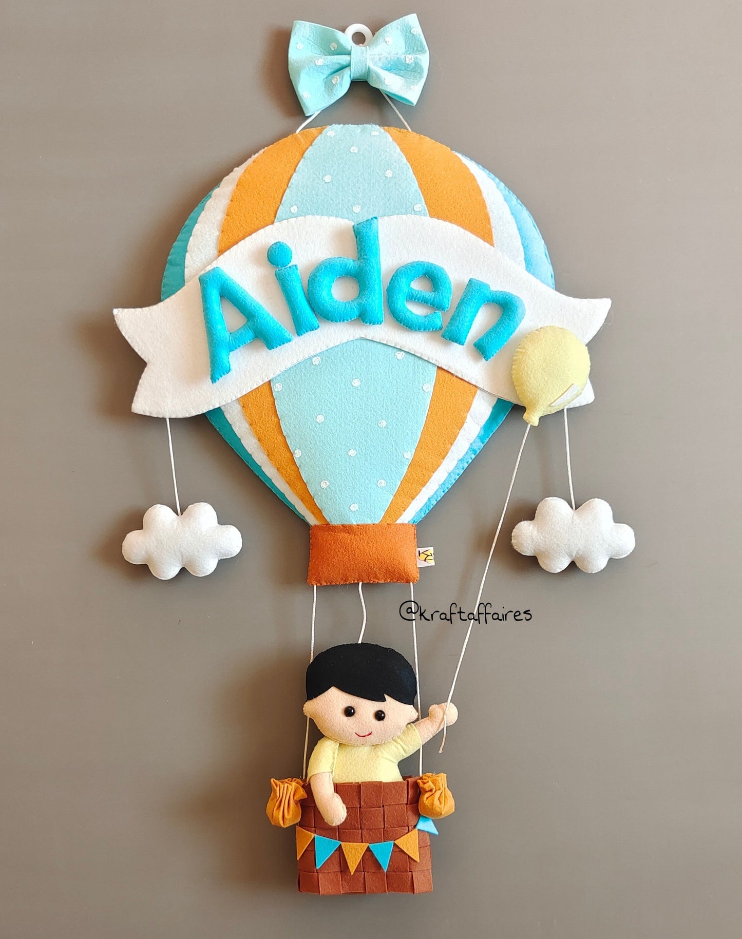 Personalized Handmade Kids name hanging-Boy on hot ballon(Filled Letters)