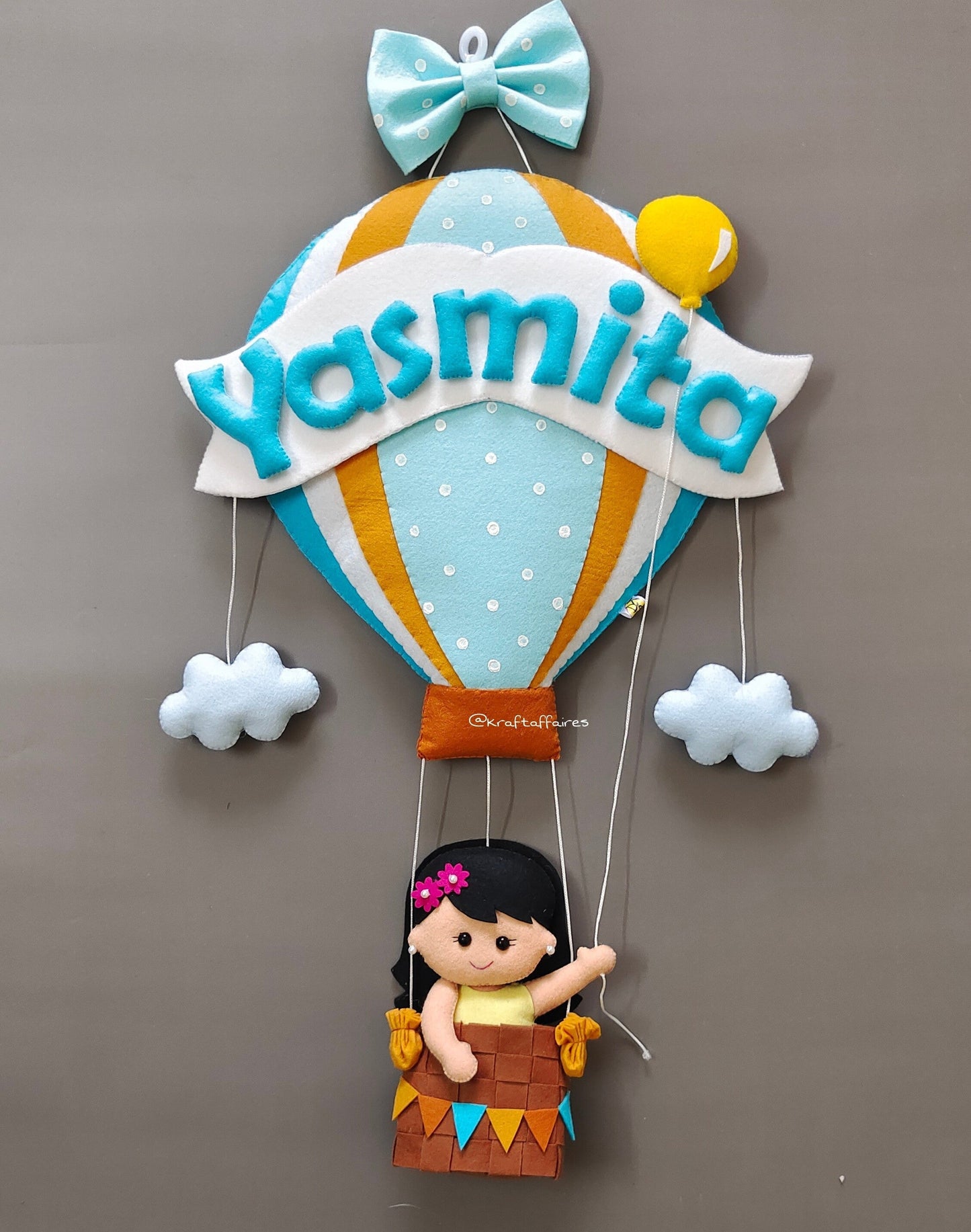 Personalized Handmade Kids name hanging-Girl on Hot air Balloon (Filled Letters)