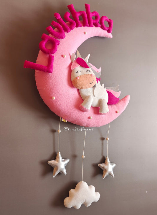 Personalized Handmade Kids name hanging-Cute unicorn on the moon