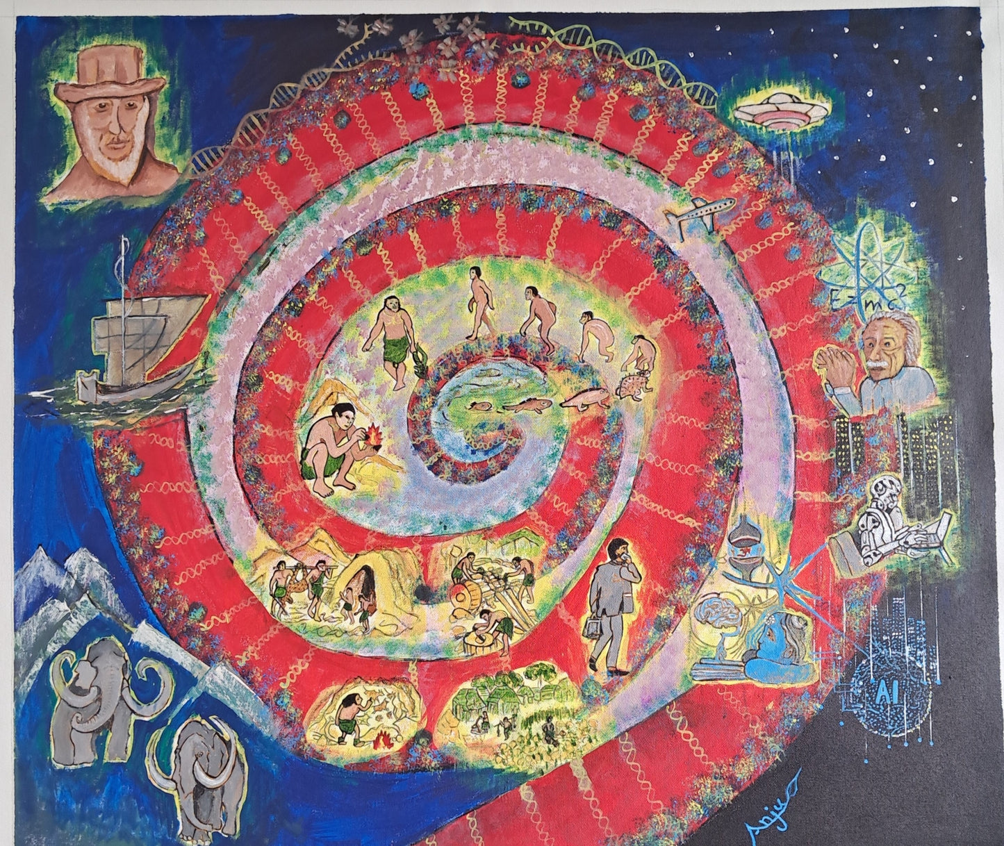 MAN AND EVOLUTION -A JOURNEY OF MAN FROM WATER TO SPACE-Acrylic painting on canvas