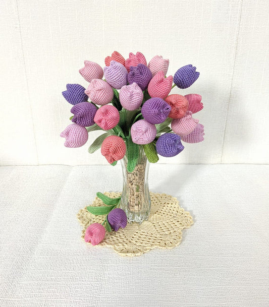 Happy Threads| Charming Tulips, Eco-Friendly Handcrafted Single Stem Crocheted Flowers - Child-Safe, Lead-Free, Sustainable Decor & Gift Solution