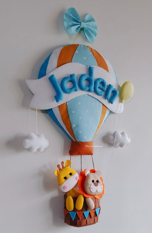Personalized Handmade Kids name hanging-Hot air Balloon with lion & giraffe