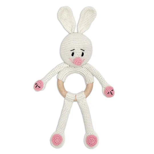Happy Threads | Cuddly Bunnies Rattle Toy- Handmade Baby Toy for Early Play - Hunar Hatti