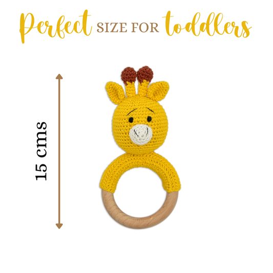 Happy Threads | Giraffe Giggles Ring Rattle – Handmade Crochet Friend Reaching for Baby Smiles