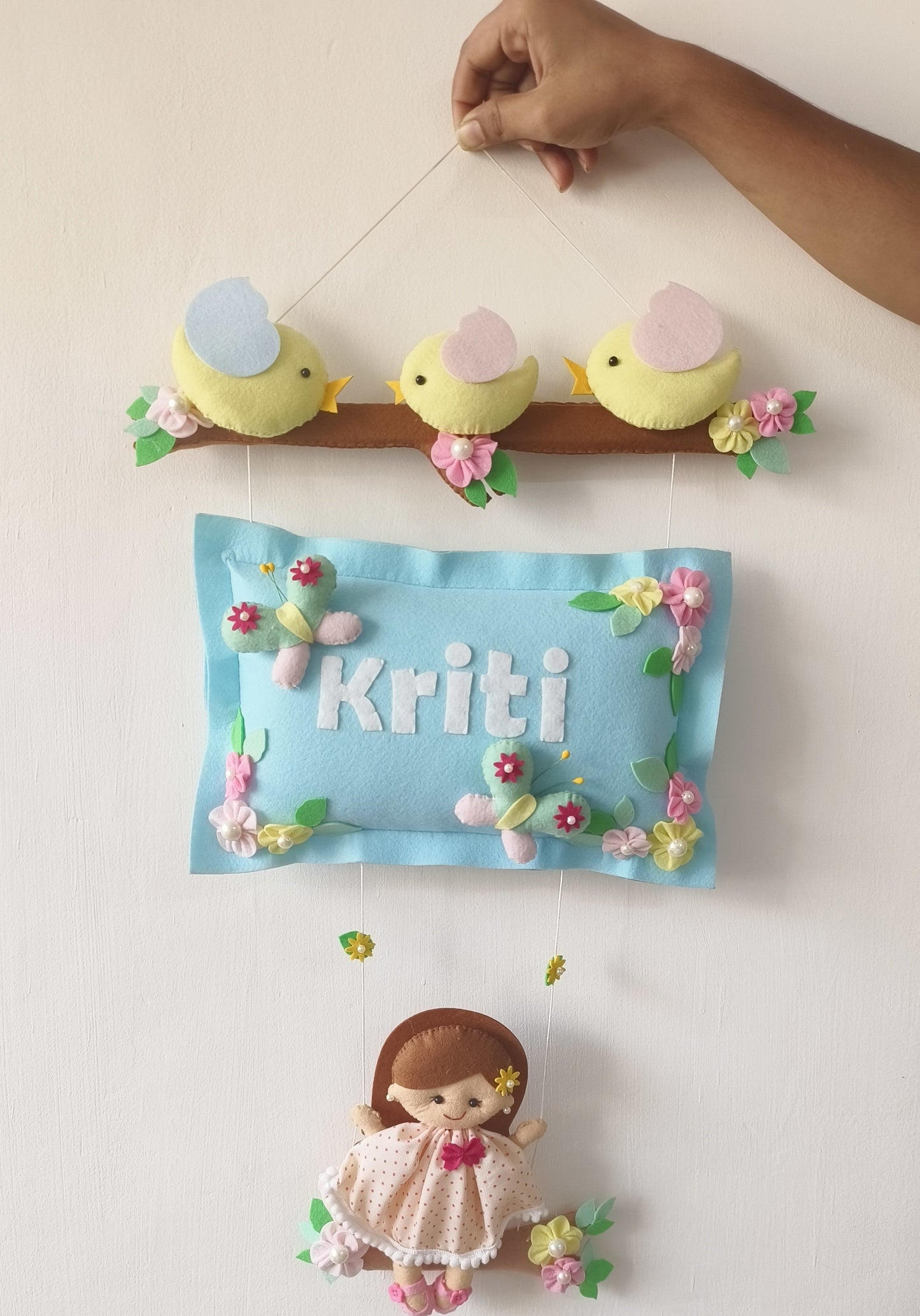 Personalized Handmade Kids name hanging-Bird with Doll Pillow