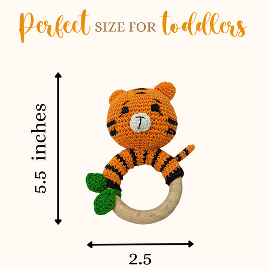 Happy Threads | Joyful Tiger Rattle – Handmade Crochet Baby Companion Toy - Hunar Hatti