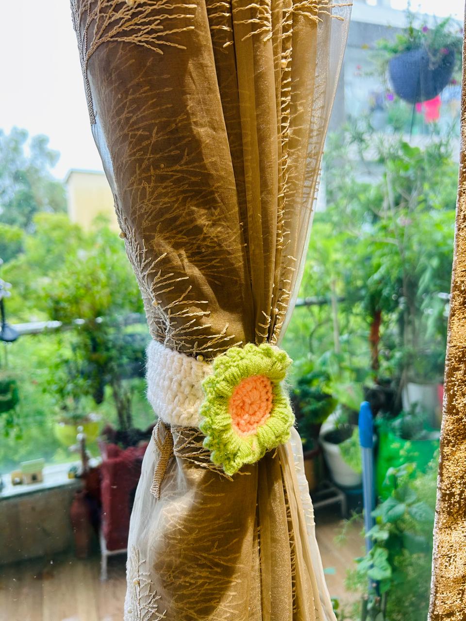 Crochet work- Curtain holder cum Cup cover