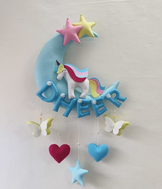 Personalized Handmade Kids name hanging-Unicorn on the moon