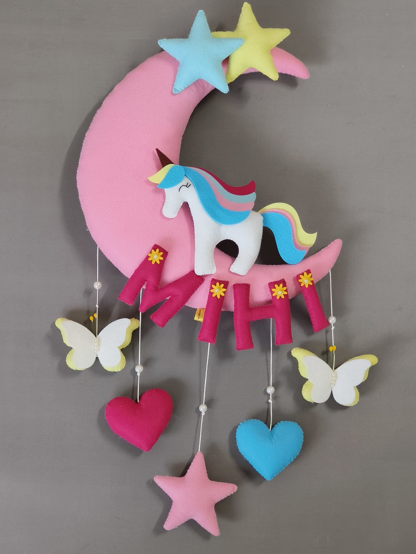 Personalized Handmade Kids name hanging-Unicorn on the moon