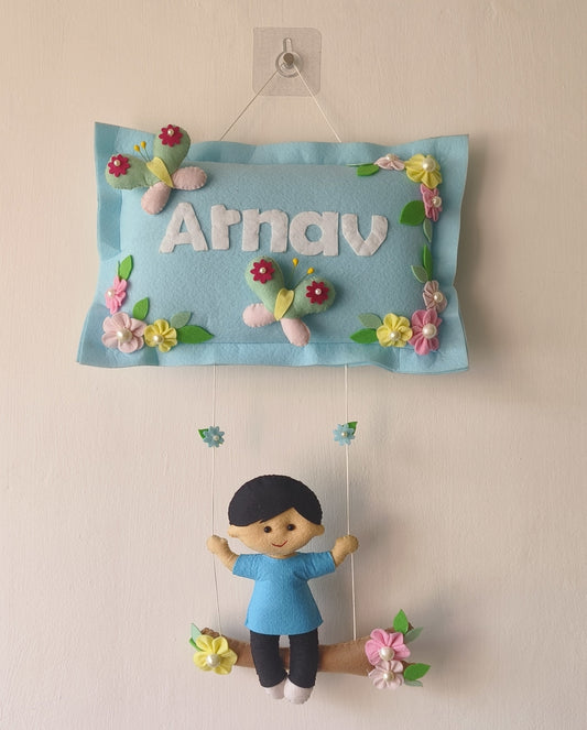 Personalized Handmade Kids name hanging- Boy on swing