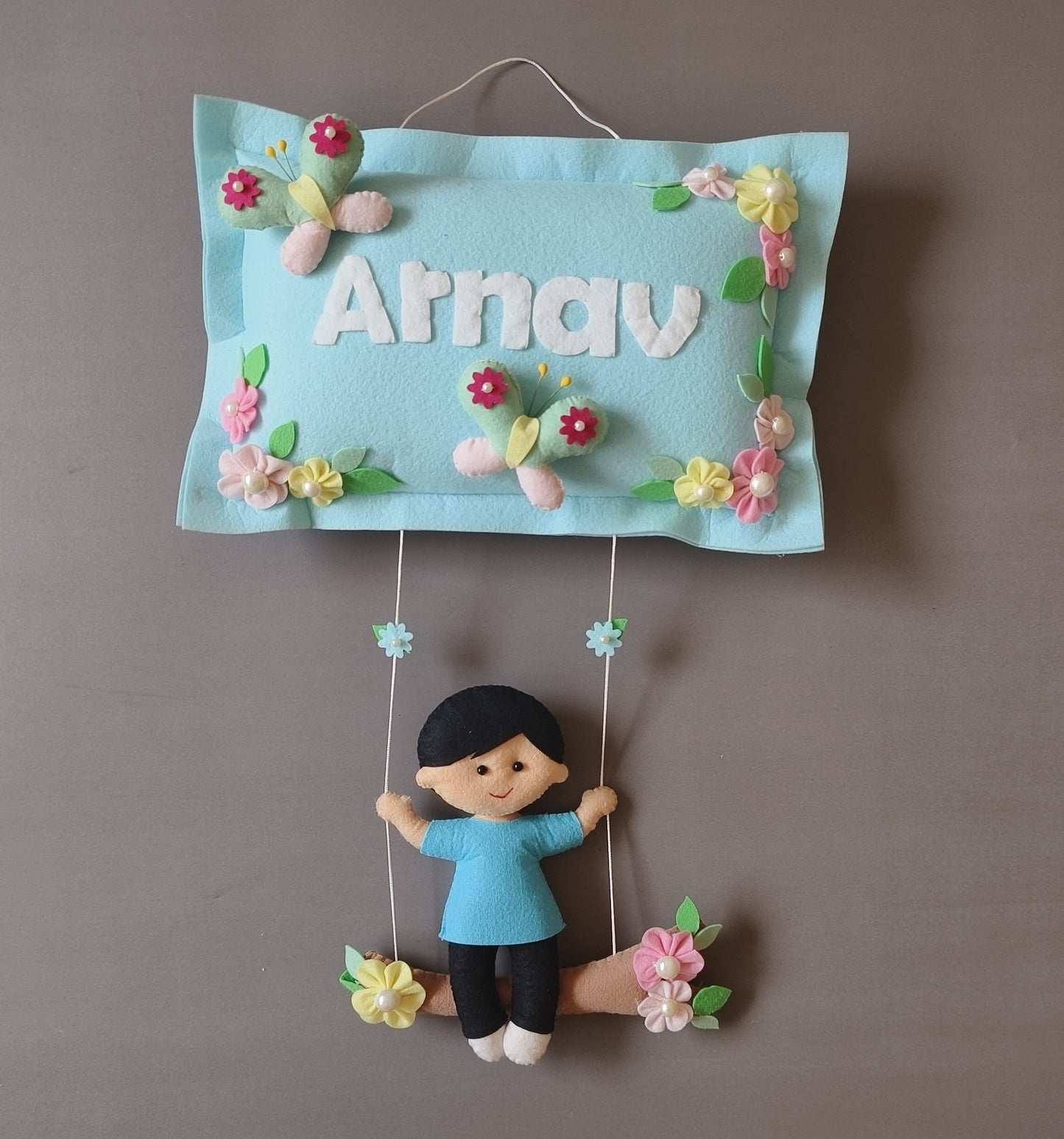 Personalized Handmade Kids name hanging- Boy on swing