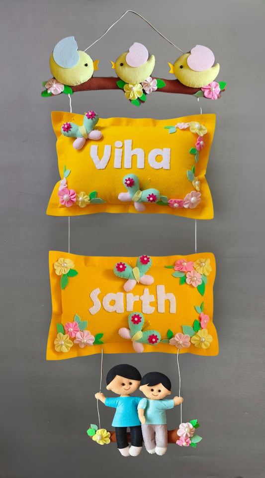 Personalized Handmade Kids name hanging- Bird Family with Siblings