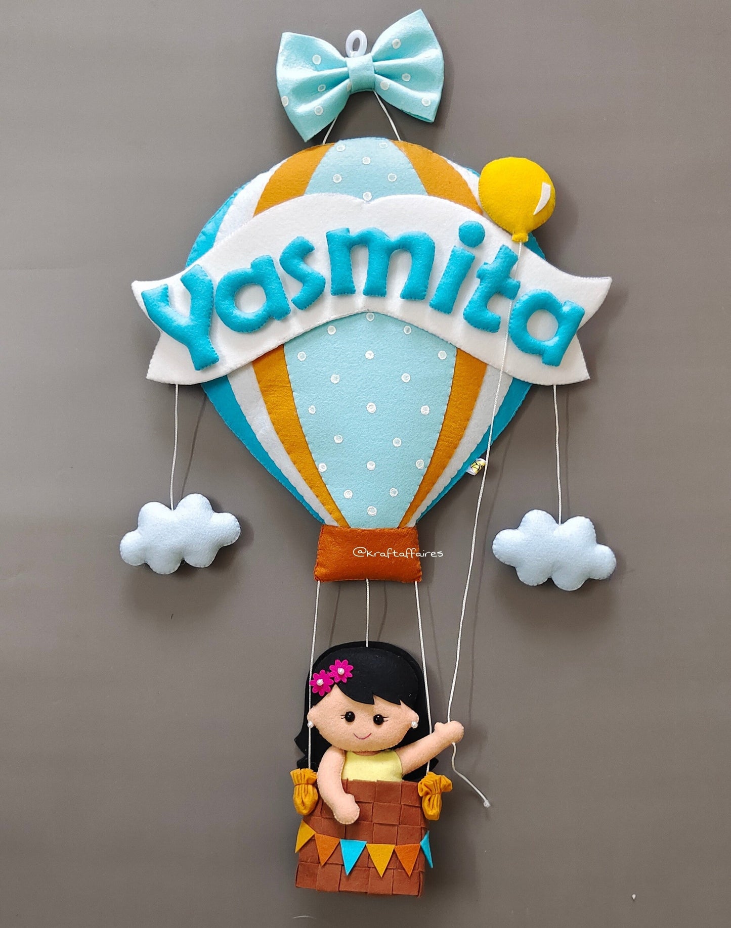 Personalized Handmade Kids name hanging-Girl on Hot air Balloon (Filled Letters)