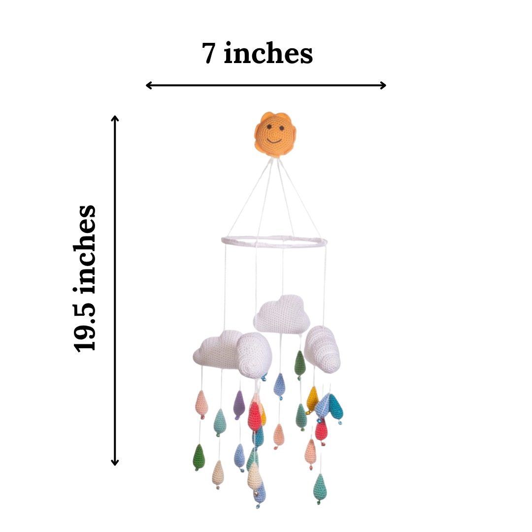 Happy Threads | Bright & Colourful Crochet Raindrops – Handmade Amigurumi Mobile for Nursery - Hunar Hatti