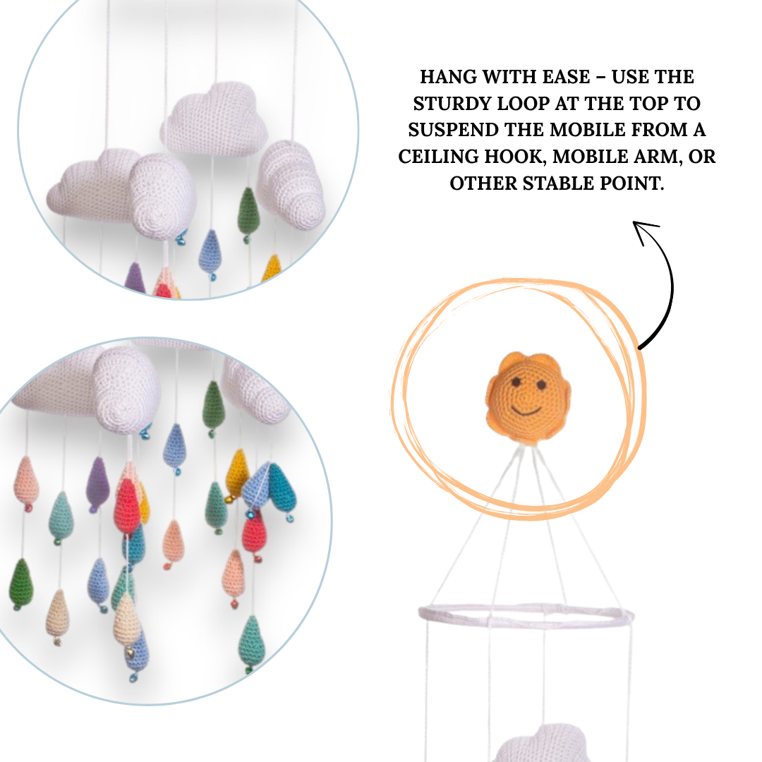 Happy Threads | Bright & Colourful Crochet Raindrops – Handmade Amigurumi Mobile for Nursery - Hunar Hatti