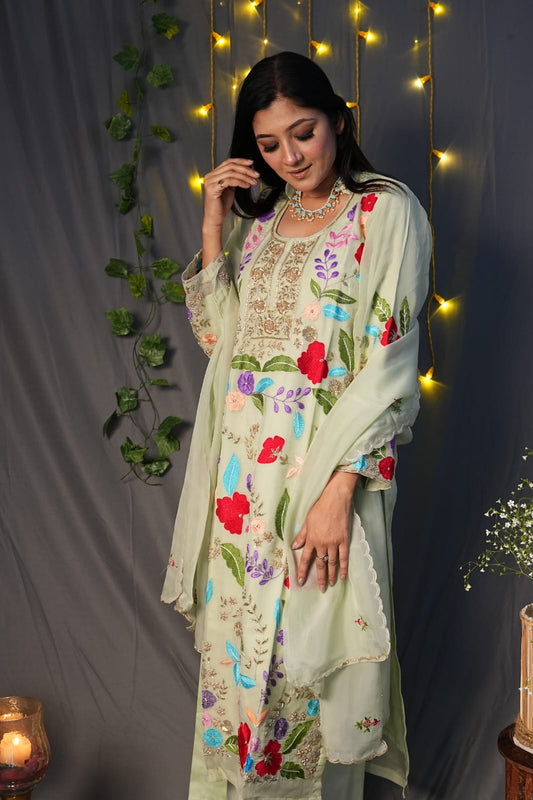 Pista green all-over aari handembroided suit