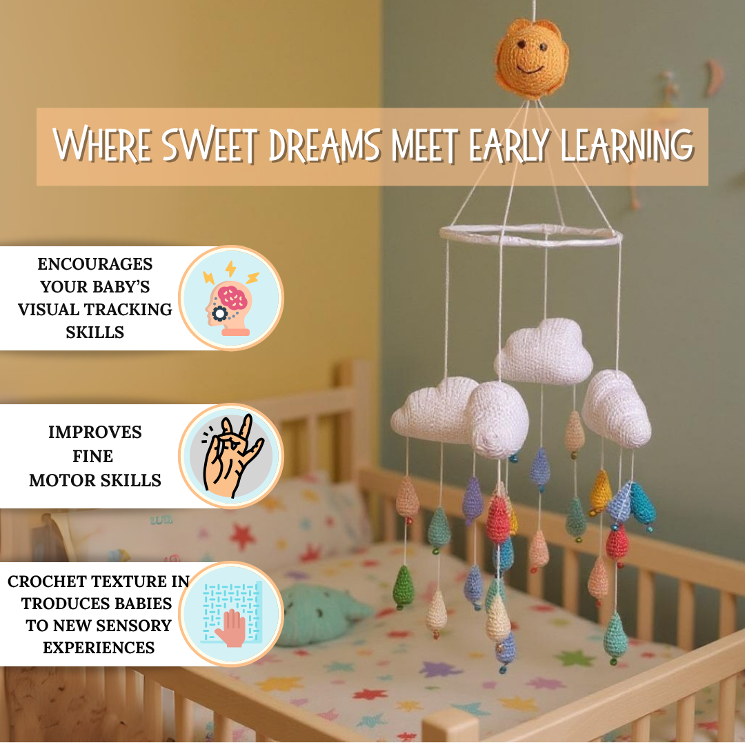 Happy Threads | Bright & Colourful Crochet Raindrops – Handmade Amigurumi Mobile for Nursery - Hunar Hatti