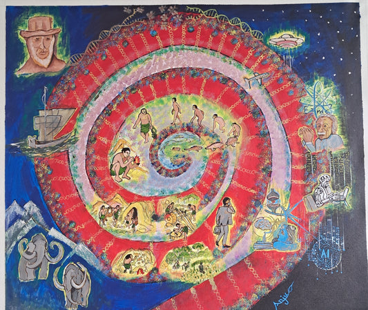 MAN AND EVOLUTION -A JOURNEY OF MAN FROM WATER TO SPACE-Acrylic painting on canvas