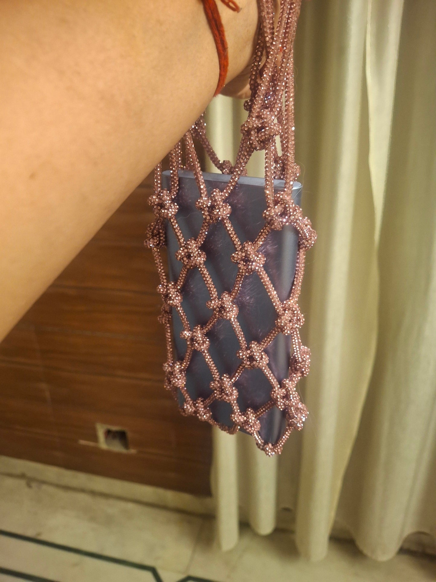 Rhinestone Macrame mobile sling rosegold
