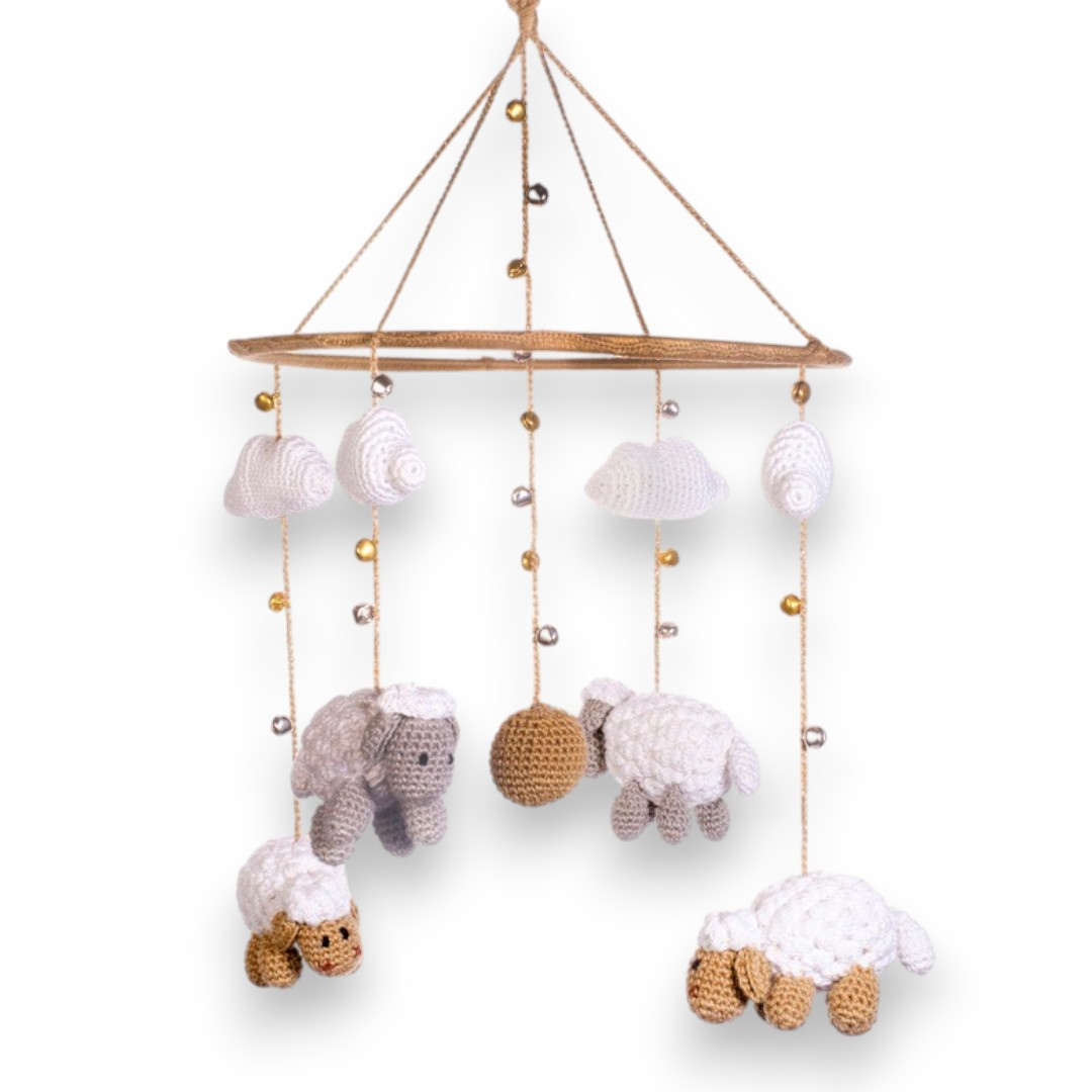 Happy Threads | Cute Sheep & Cloud Baby Mobile – Handcrafted Crochet Nursery Hanging - Hunar Hatti