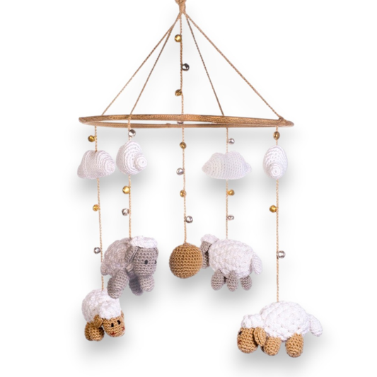 Happy Threads | Cute Sheep & Cloud Baby Mobile – Handcrafted Crochet Nursery Hanging - Hunar Hatti
