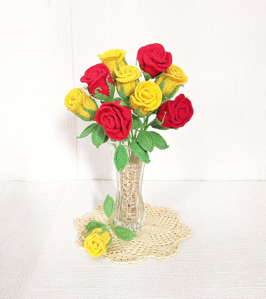Happy Threads| Radiant Roses, Eco-Friendly Handcrafted Single Stem Crocheted Flowers, Lead-Free, Sustainable Decor & Gift Solution