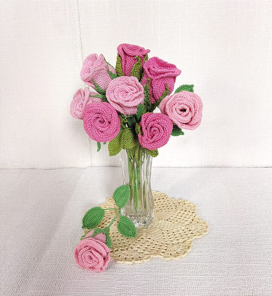 Happy Threads| Radiant Roses, Eco-Friendly Handcrafted Single Stem Crocheted Flowers, Lead-Free, Sustainable Decor & Gift Solution