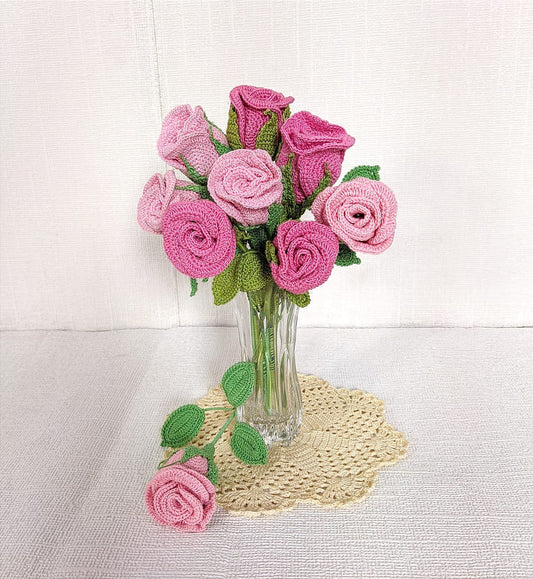 Happy Threads Radiant Roses | Eco-Friendly Handcrafted Crochet Flower – Single Stem, Sustainable Home Décor & Gift