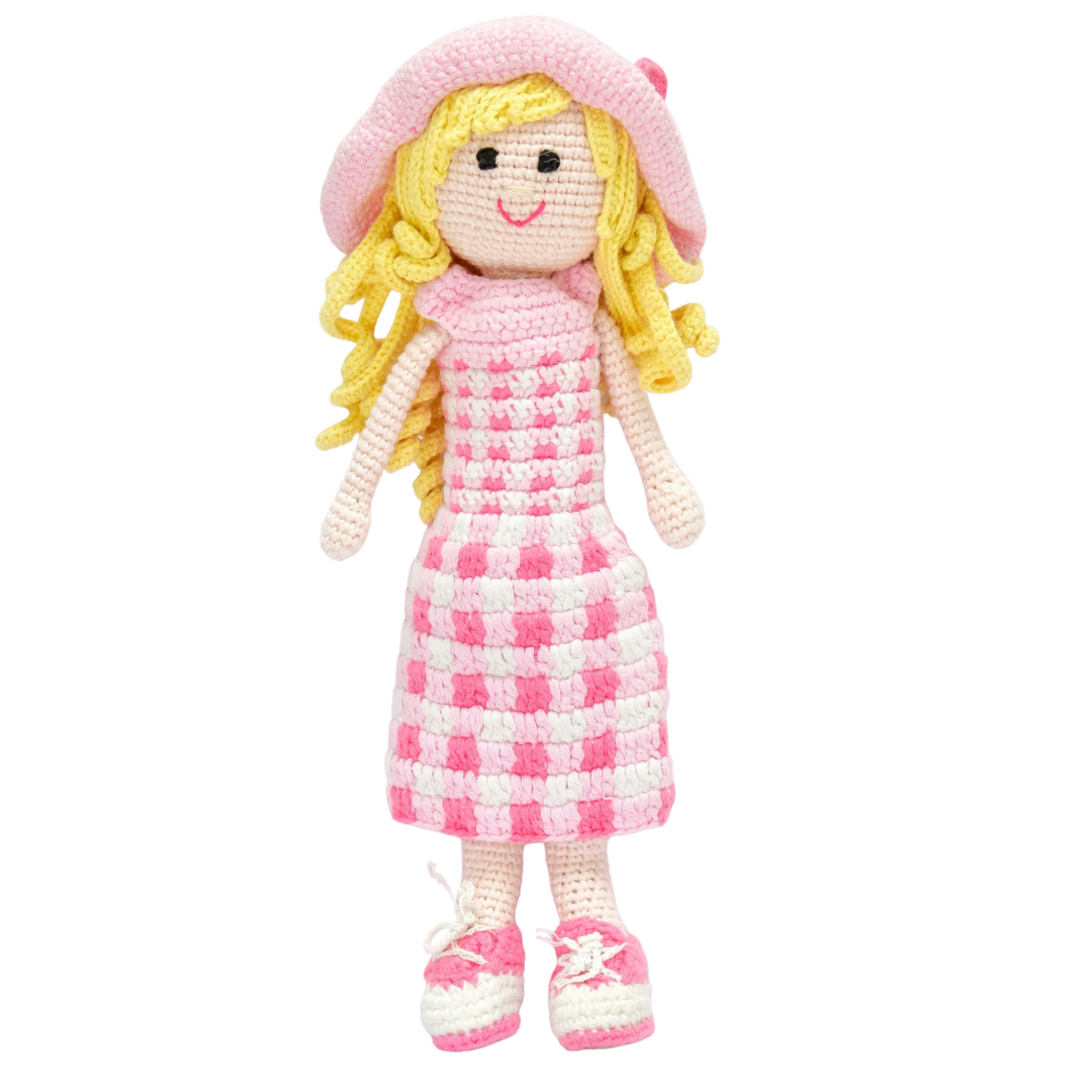 Happy Threads | Fiona – Handwoven Crochet Doll in Blush & Ivory | Sustainable Storytelling Companion