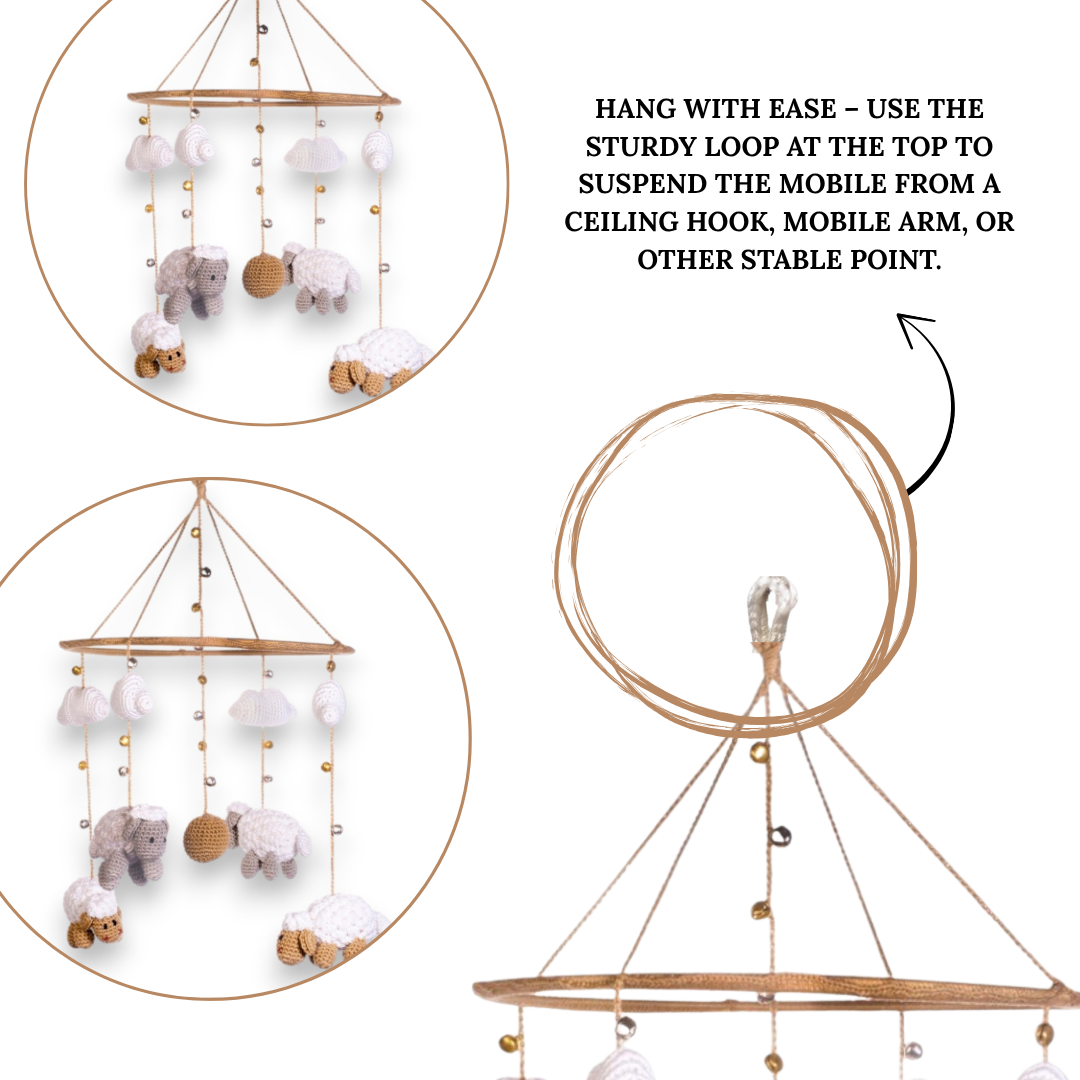 Happy Threads | Cute Sheep & Cloud Baby Mobile – Handcrafted Crochet Nursery Hanging - Hunar Hatti