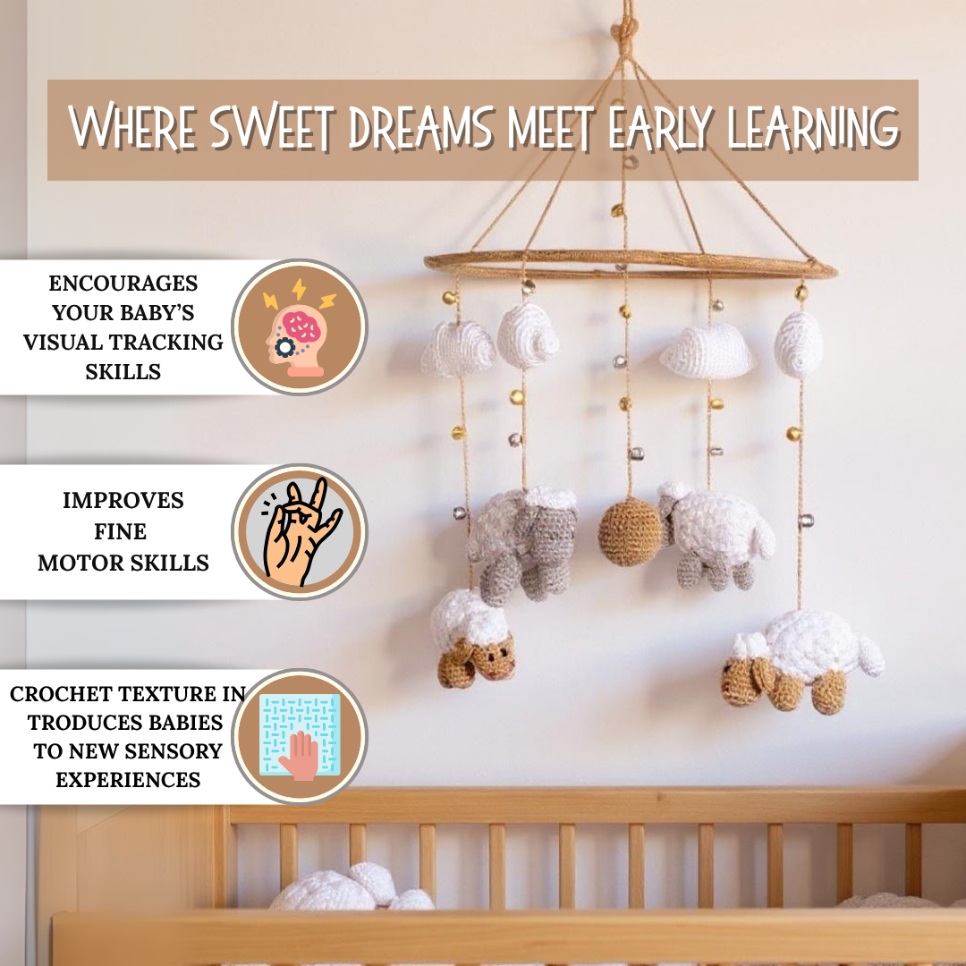 Happy Threads | Cute Sheep & Cloud Baby Mobile – Handcrafted Crochet Nursery Hanging - Hunar Hatti