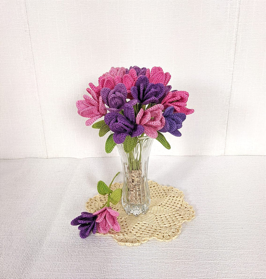Happy Threads| Tulip Treasures (Open Tulips), Eco-Friendly Handcrafted Single Stem Crocheted Flowers, Lead-Free, Sustainable Decor & Gift Solution