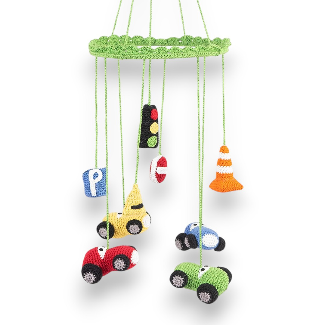 Happy Threads | Nursery Hanging Mobile – Handmade Crochet Traffic Set for Baby Room Décor - Hunar Hatti