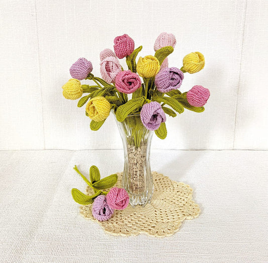 Happy Threads| Blooming Layered Tulips, Eco-Friendly Handcrafted Single Stem Crocheted Flowers - Child-Safe, Lead-Free, Sustainable Decor & Gift Solution