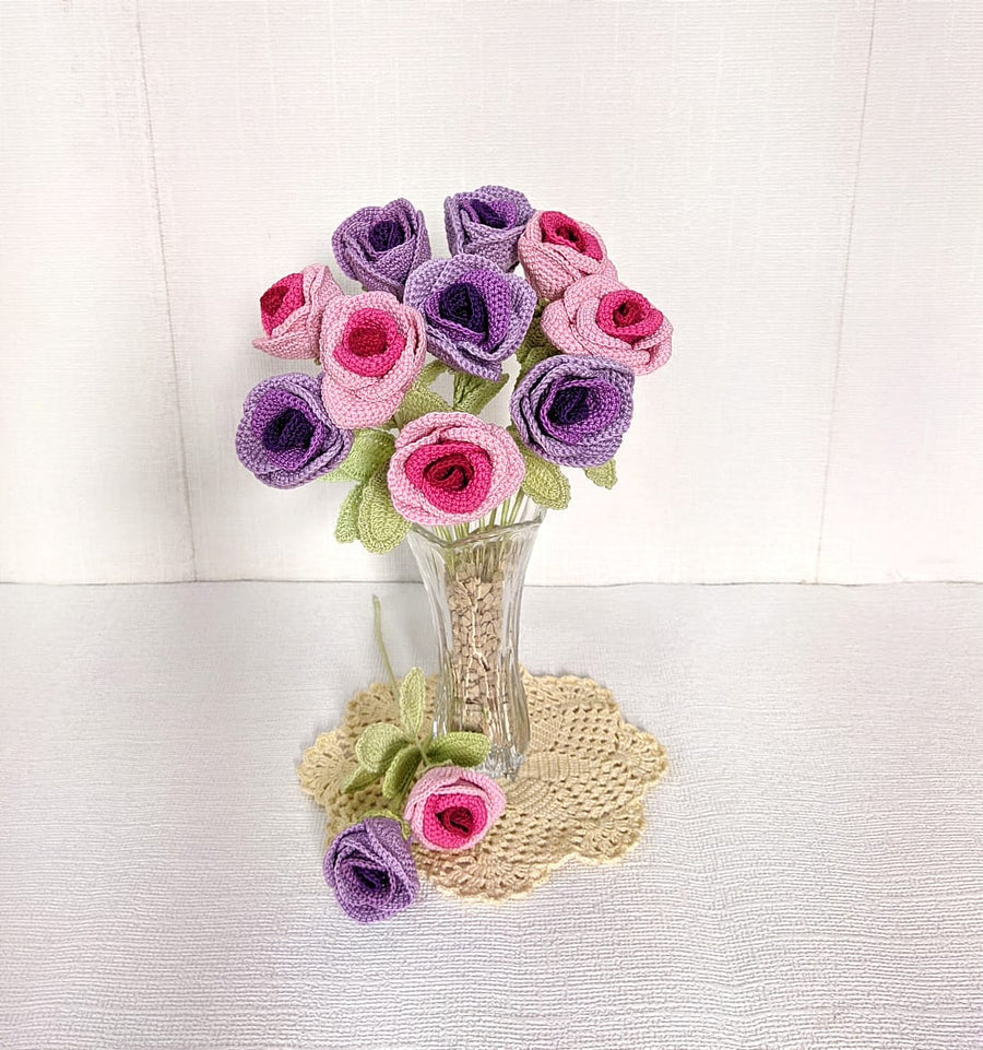 Happy Threads| Shaded Roses, Eco-Friendly Handcrafted Single Stem Crocheted Flowers - Child-Safe, Lead-Free, Sustainable Decor & Gift Solution