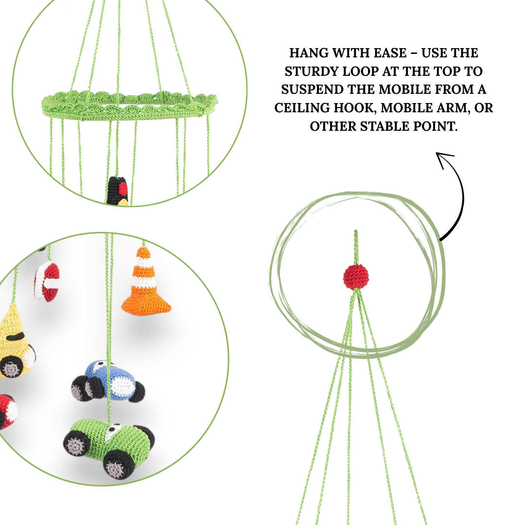 Happy Threads | Nursery Hanging Mobile – Handmade Crochet Traffic Set for Baby Room Décor - Hunar Hatti