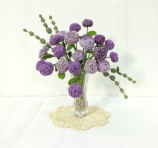 Happy Threads| Button Roses, Eco-Friendly Handcrafted Single Stem Crocheted Flowers - Child-Safe, Lead-Free, Sustainable Decor & Gift Solution