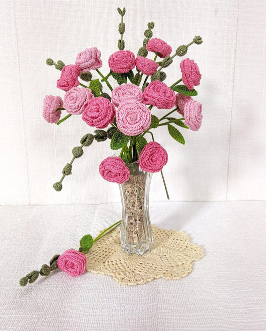 Happy Threads| Button Roses, Eco-Friendly Handcrafted Single Stem Crocheted Flowers - Child-Safe, Lead-Free, Sustainable Decor & Gift Solution