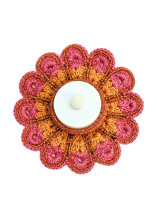 Happy Threads | Artisan Crocheted Tealights | Pink & Orange Floral Design