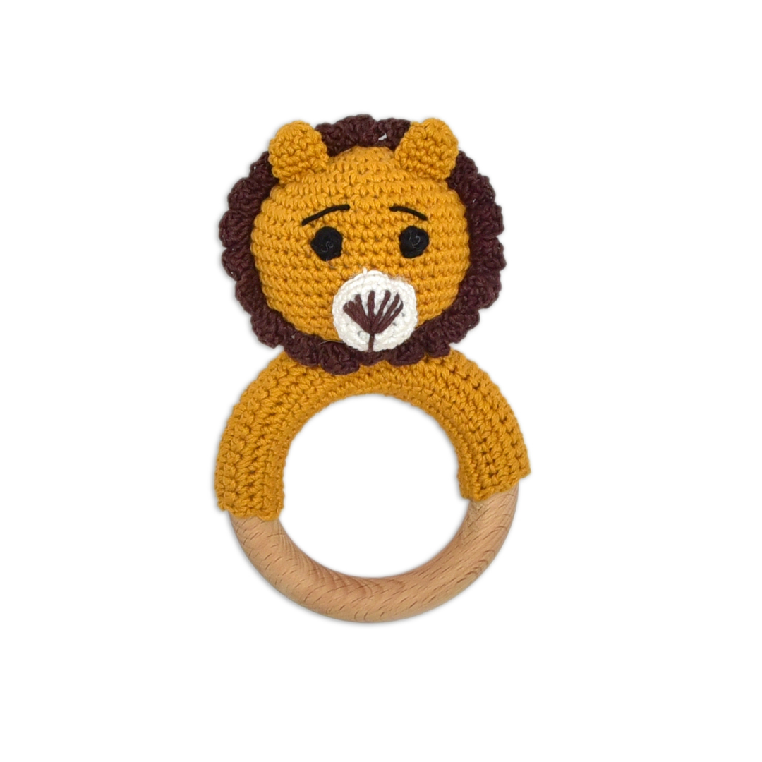 Happy Threads | Handmade Mini Simba Ring Rattle – Soft crochet lion for infants. Cute, safe, and perfect for teething, playtime, or special baby gifts!