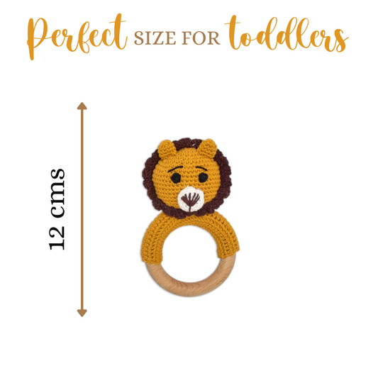 Happy Threads | Handmade Mini Simba Ring Rattle – Soft crochet lion for infants. Cute, safe, and perfect for teething, playtime, or special baby gifts!