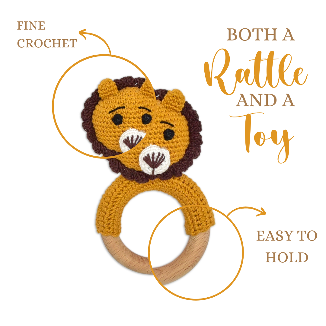 Happy Threads | Handmade Mini Simba Ring Rattle – Soft crochet lion for infants. Cute, safe, and perfect for teething, playtime, or special baby gifts!