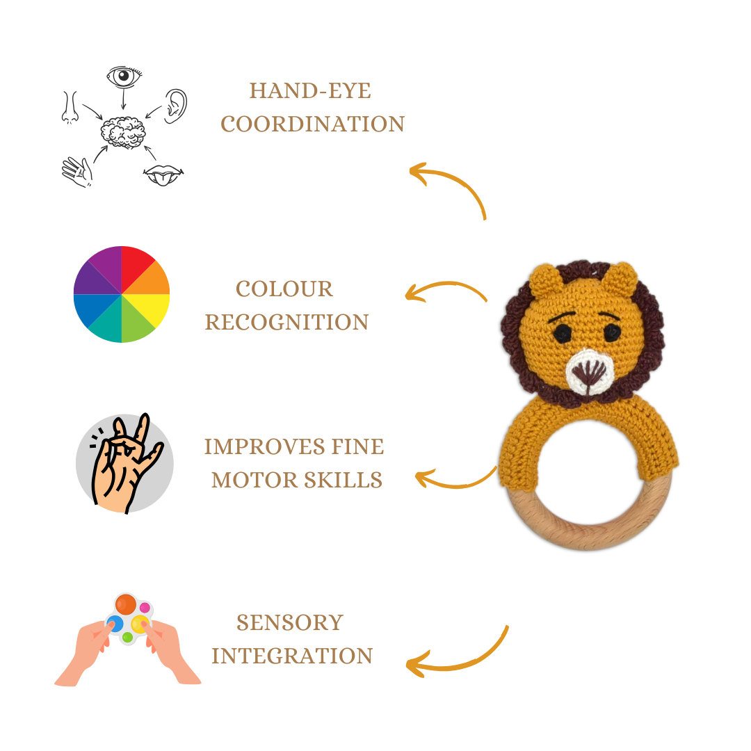 Happy Threads | Handmade Mini Simba Ring Rattle – Soft crochet lion for infants. Cute, safe, and perfect for teething, playtime, or special baby gifts!