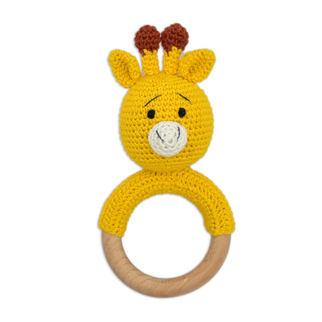 Happy Threads | Giraffe Giggles Ring Rattle – Handmade Crochet Friend Reaching for Baby Smiles