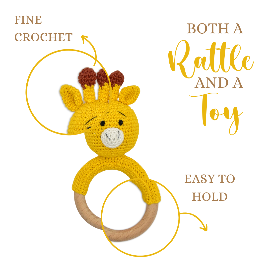 Happy Threads | Giraffe Giggles Ring Rattle – Handmade Crochet Friend Reaching for Baby Smiles