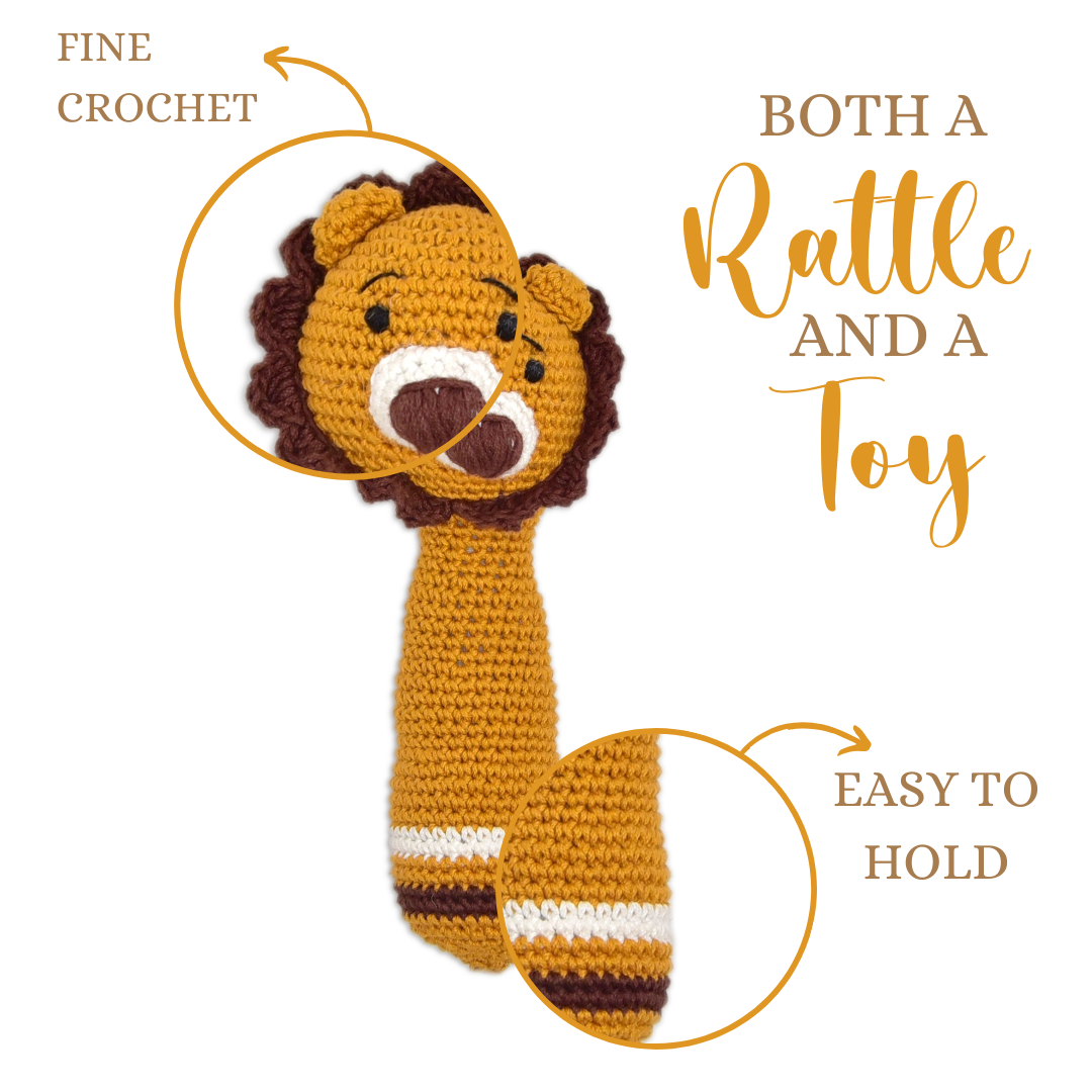 Happy Threads | Mini Simba Hand Rattle – Handmade Crochet Lion for Tiny Roars & Baby Giggles