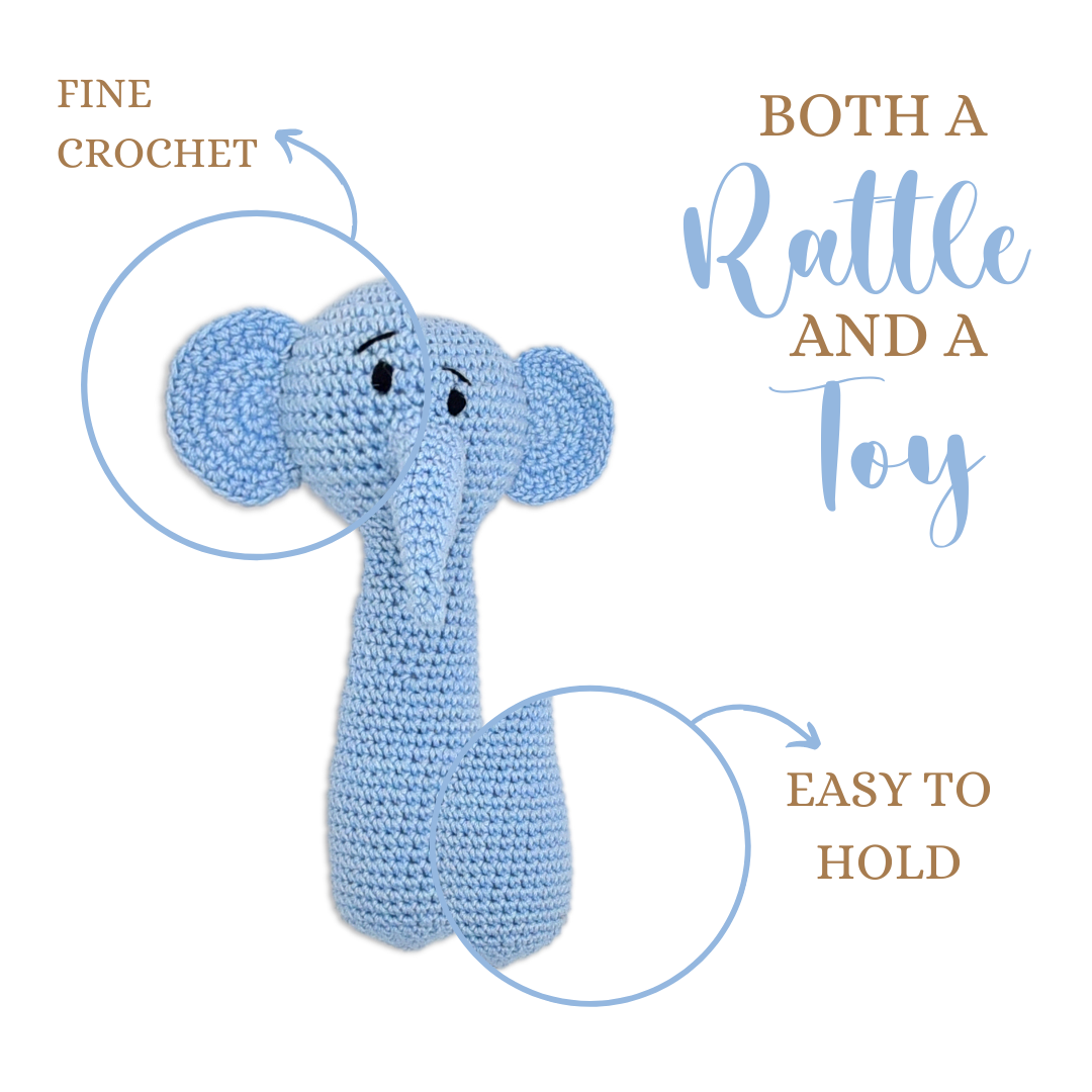 Happy Threads | Tiny Trunkies Crochet Hand Rattle – Handmade Baby Toy & Cherished Keepsake