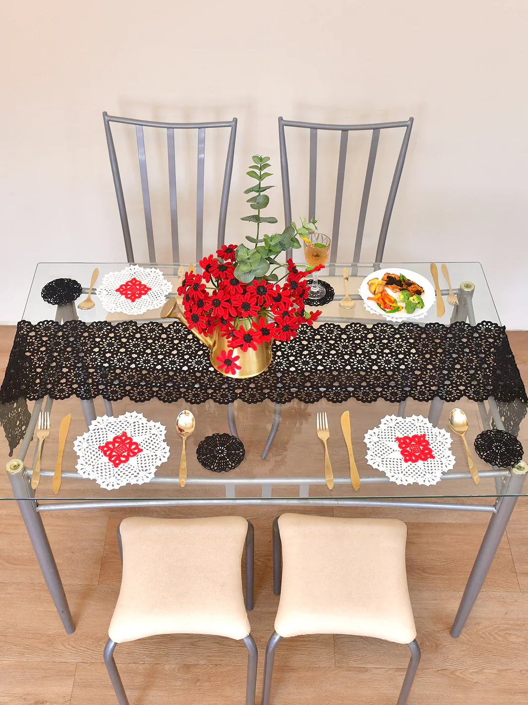 Handmade Crochet Table Runner  | Classy Black Elegant Home Décor - Hunar Hatti