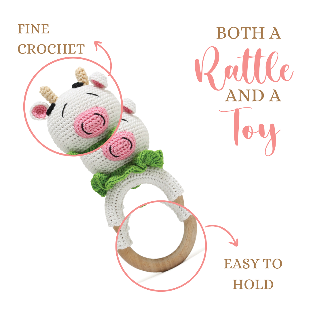 Happy Threads | Moo-Mates Cow Rattle – Handmade Farmyard Fun for Babies